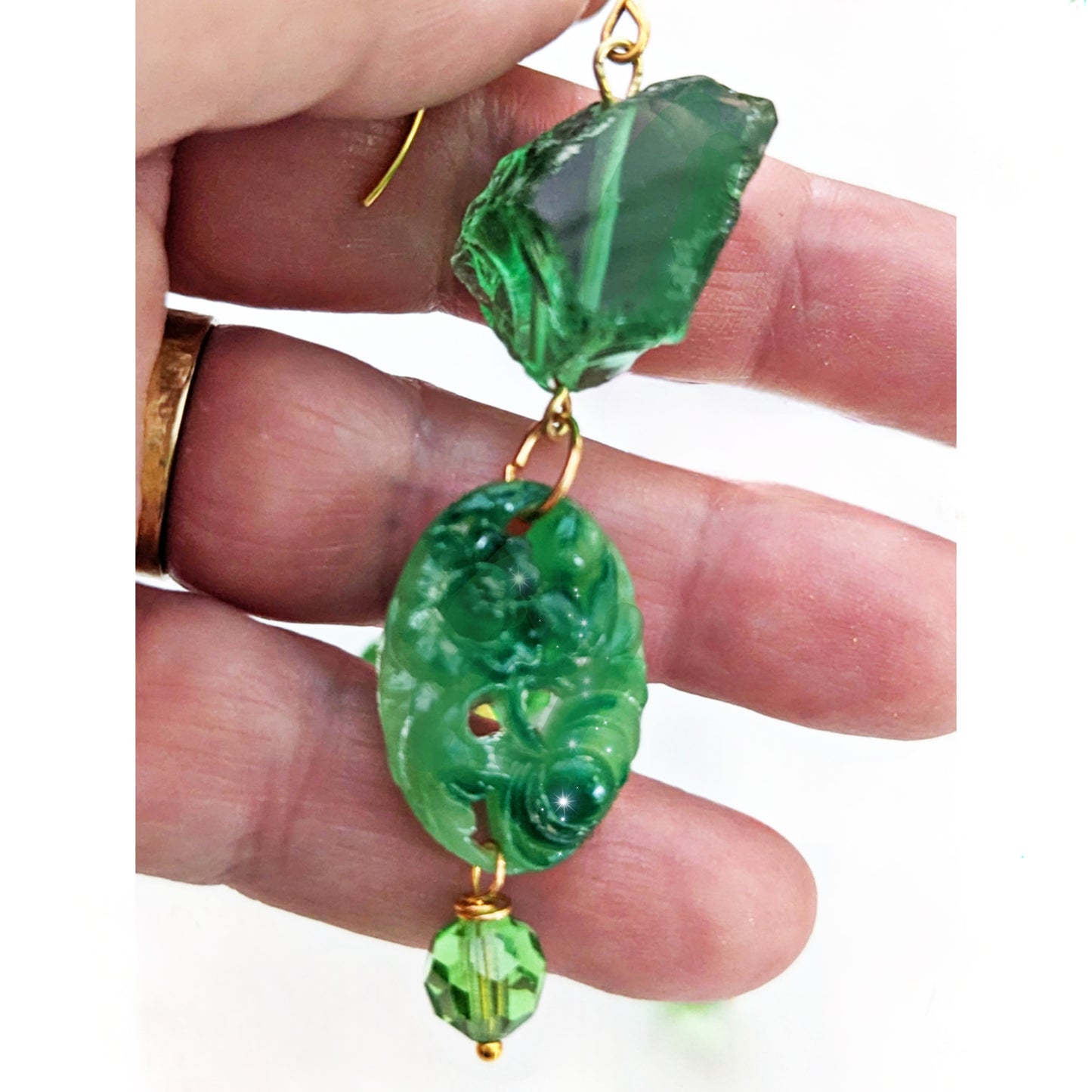 Green Handmade Vintage Beads Swarovski Drop Earrings USA made Gay Isber Free shipping 3.5 inches