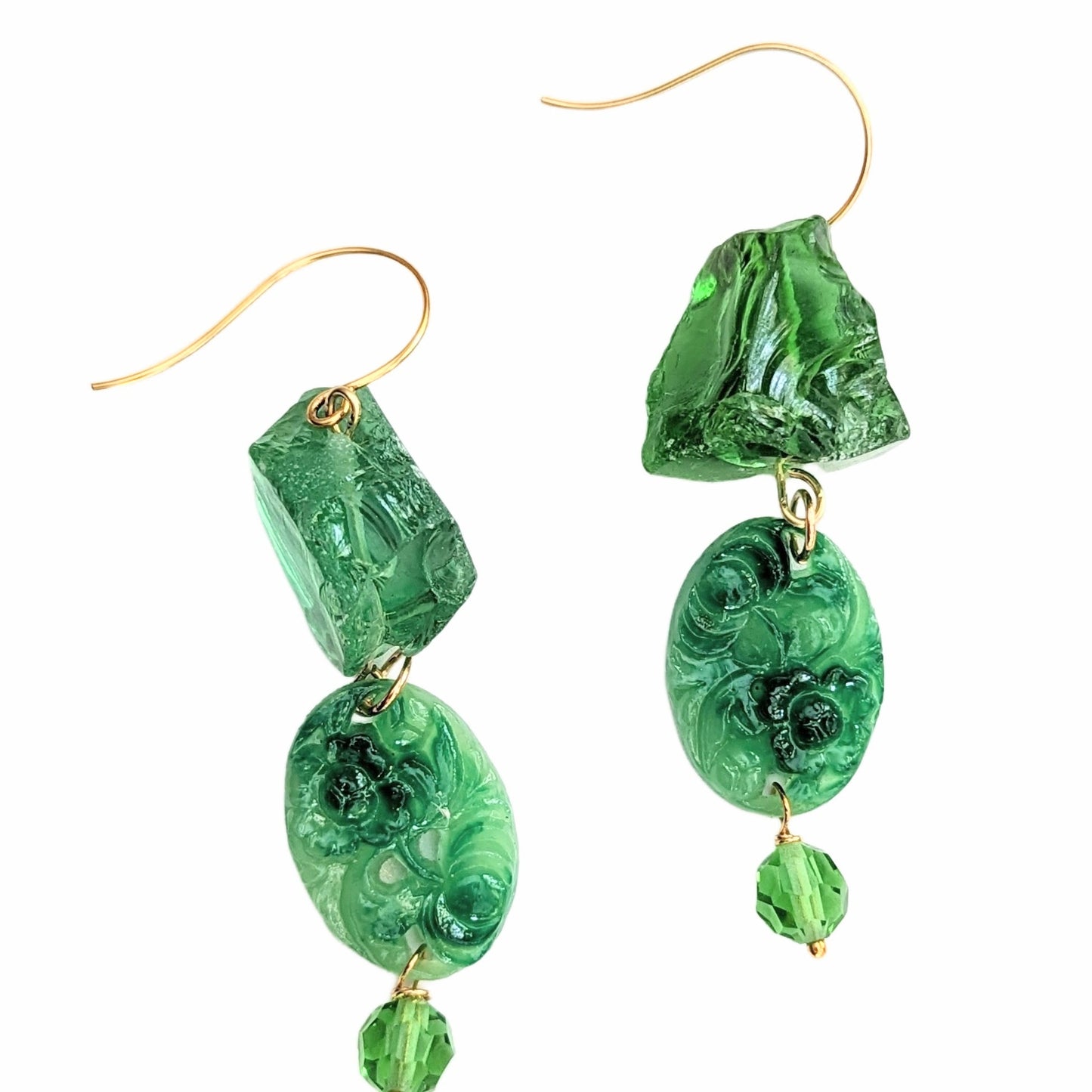 Green Handmade Vintage Beads Swarovski Drop Earrings USA made Gay Isber Free shipping 3.5 inches