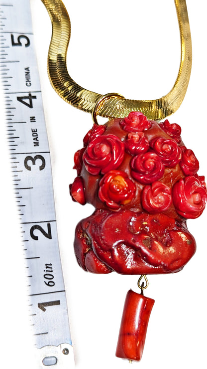 Red Coral Chunk with Hand Carved Red Coral Roses 30-inch gold chain by Gay Isber 1 of 1