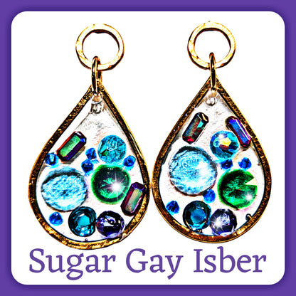 Stained Glass Inspired Blue Green Purple Colored Post Earrings Gold Plated USA Made Gay Isber 3 inches