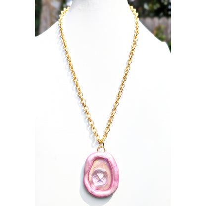 Pink Faceted Gem Soft Glowy Pink Necklace with Gold Plated AMAZING Chain Statement Sugar Gay Isber