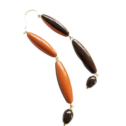 Orange Brown Vintage Plastic Long Earrings Sugar Gay Isber Cleveland Bears Pearls