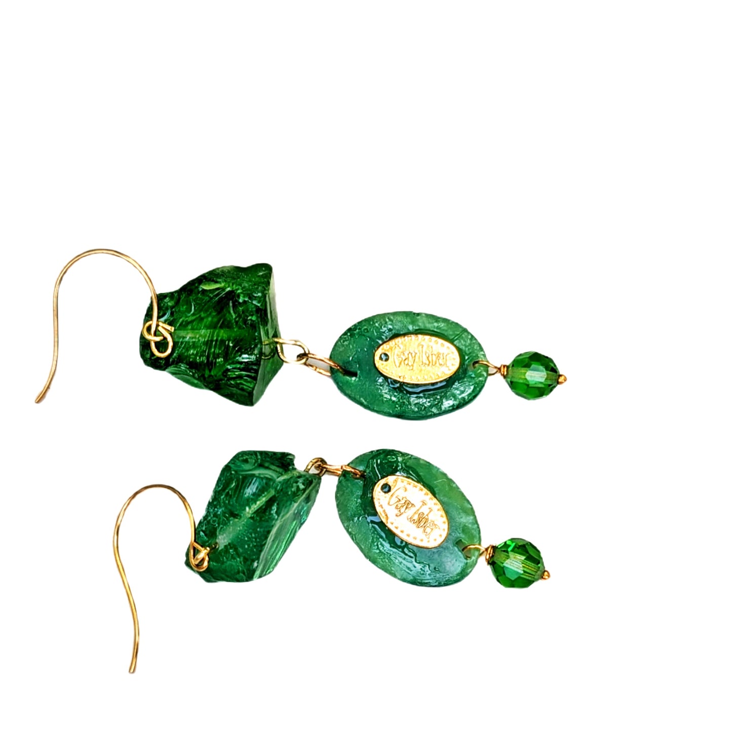 Green Handmade Vintage Beads Swarovski Drop Earrings USA made Gay Isber Free shipping 3.5 inches