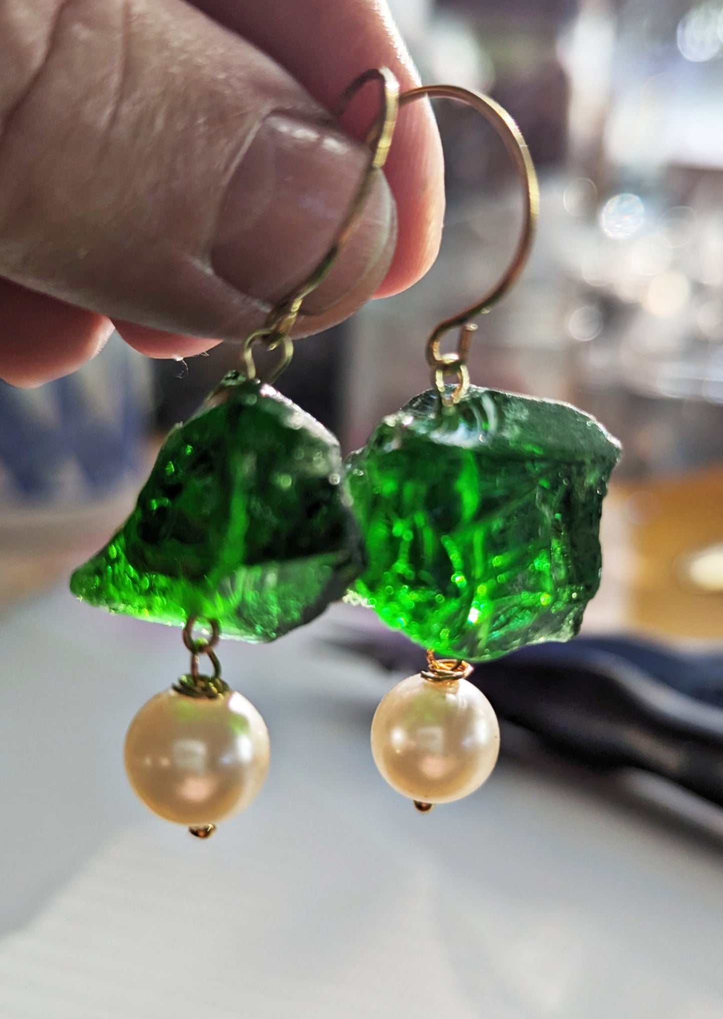 Emerald Green Rough Glass Nuggets with a Vintage Pearl Wiggle Adult Unisex Earrings USA made Gay Isber Free gift bag