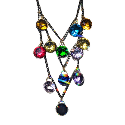 Necklace Multi Layered Colored Crystal Drops on Black Chain Handmade Sugar Gay Isber Stained Glass Inspired