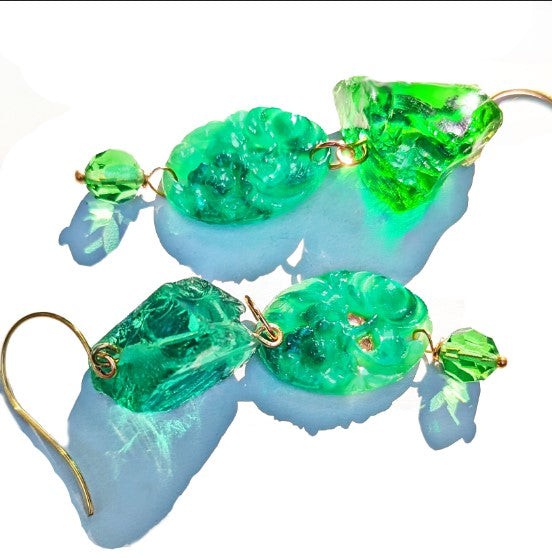 Green Handmade Vintage Beads Swarovski Drop Earrings USA made Gay Isber Free shipping 3.5 inches