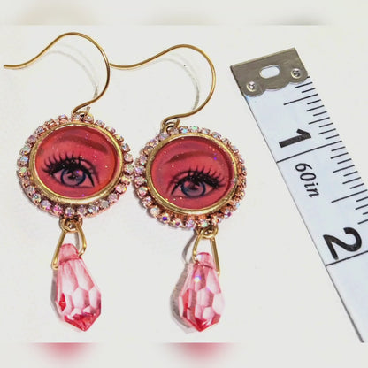 Pink Barbie Eye Earrings Gold Plated USA Made Sparkle Sugar Gay Isber 2 inches