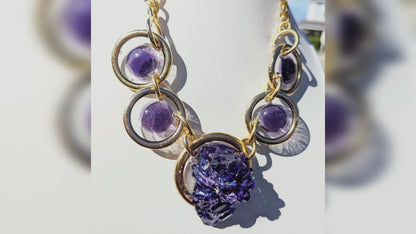 Deep Grape Purple and Gold Statement Necklace Chunk of CZ Artisan Handmade Swarovski Stones Sugar Gay Isber