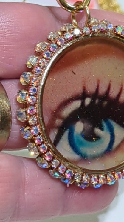 Pink Barbie Eye Pendant Gold Plated USA Made Sparkle Sugar Gay Isber almost 2 inches