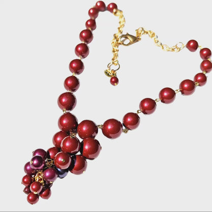 Burgundy Red Grape Cluster Swarovski Pearls Adjustable Gold Plated Chain Sugar Gay Isber Gift Box