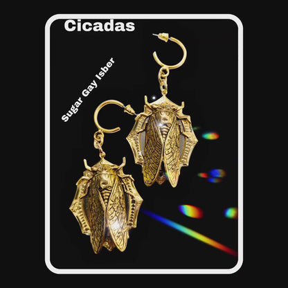 24K Gold Plated Cicada Earrings Brass Pressings Amazing XL Earrings Hand Made by Sugar Gay Isber