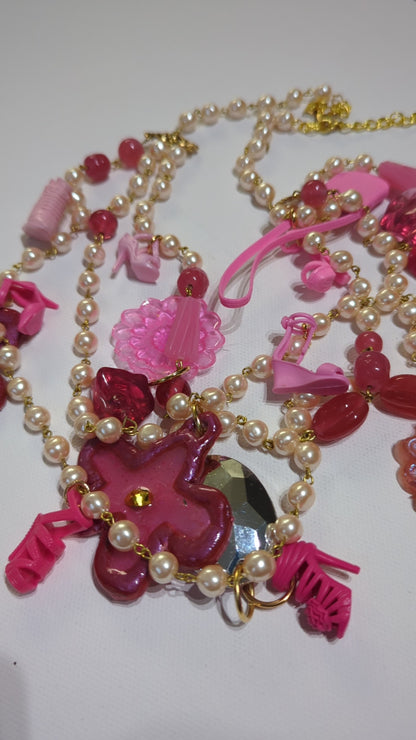 Barbie Shoe and Flower Power Hot Pink Necklace Pearls Vintage Sugar Gay Isber Multi-strand