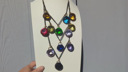 Necklace Multi Layered Colored Crystal Drops on Black Chain Handmade Sugar Gay Isber Stained Glass Inspired