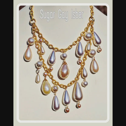 Vintage Japanese Pearls and Drops 2 Strands Gold Textured Chain 20 inches adjustable US Made Handmade Sugar Gay Isber