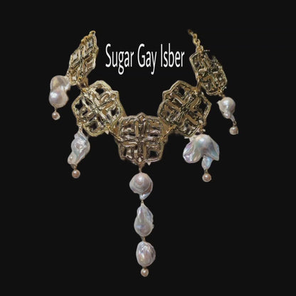 One-of-a-Kind Asian-Themed 24K Gold-Plated Necklace with Giant Baroque Pearls - Designed by Award-Winning Artist Sugar Gay Isber