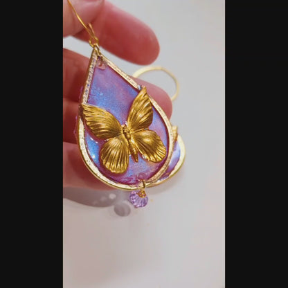 Beautiful Brass Butterfly Earrings Pink Alexandrite flash Gold Plated USA Made Gay Isber 3.5 inches