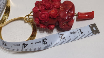 Red Coral Chunk with Hand Carved Red Coral Roses 30-inch gold chain by Gay Isber 1 of 1