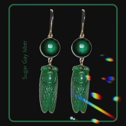 Handmade Jade-Colored Green Cicada Earrings with Gold-Plated Hooks - Designed by Award-Winning Artist Sugar Gay Isber