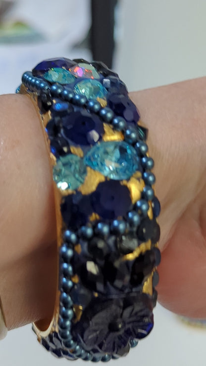 Blue and Gold Bangle Bracelet Hand Made Vintage beads one of one Sugar Gay Isber USA