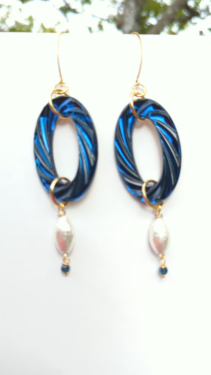 Amazing Vintage Glass Montana Blue Cotton Pearls Amazing XL Earrings Sugar Gay Isber