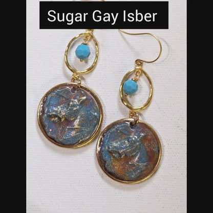 Swarovski Turquoise + Highly Detailed Blue Gold Resin Horse Earrings 3.1 inches USA Made by Designer Sugar Gay Isber unisex-adult