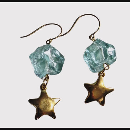 24K Gold Plated Vintage Stars + Aqua Rough Glass Nuggets Earrings USA-made Sugar Gay Isber gift bag