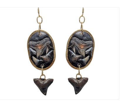 Dramatic Fossilized Shark Teeth in Clay Earrings - Unique Handmade Art by Award-Winning Artist Sugar Gay Isber