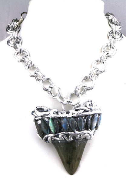 Silver Grey Real Shark Tooth Fossil Necklace Labradorite Unisex Beach Wedding Ocean Dentist Statement Gay Isber