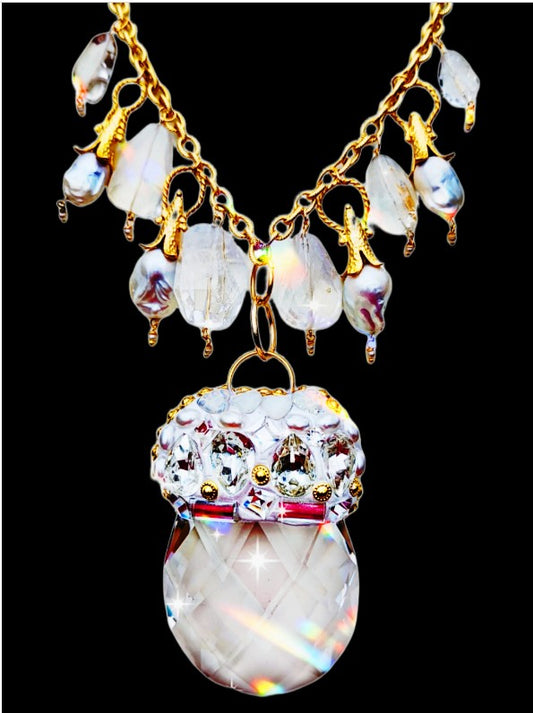 Extra large crystal drop, XL baroque pearls, Gold, Swarvoski, faceted quartz beads Sugar Gay Isber bridal necklace