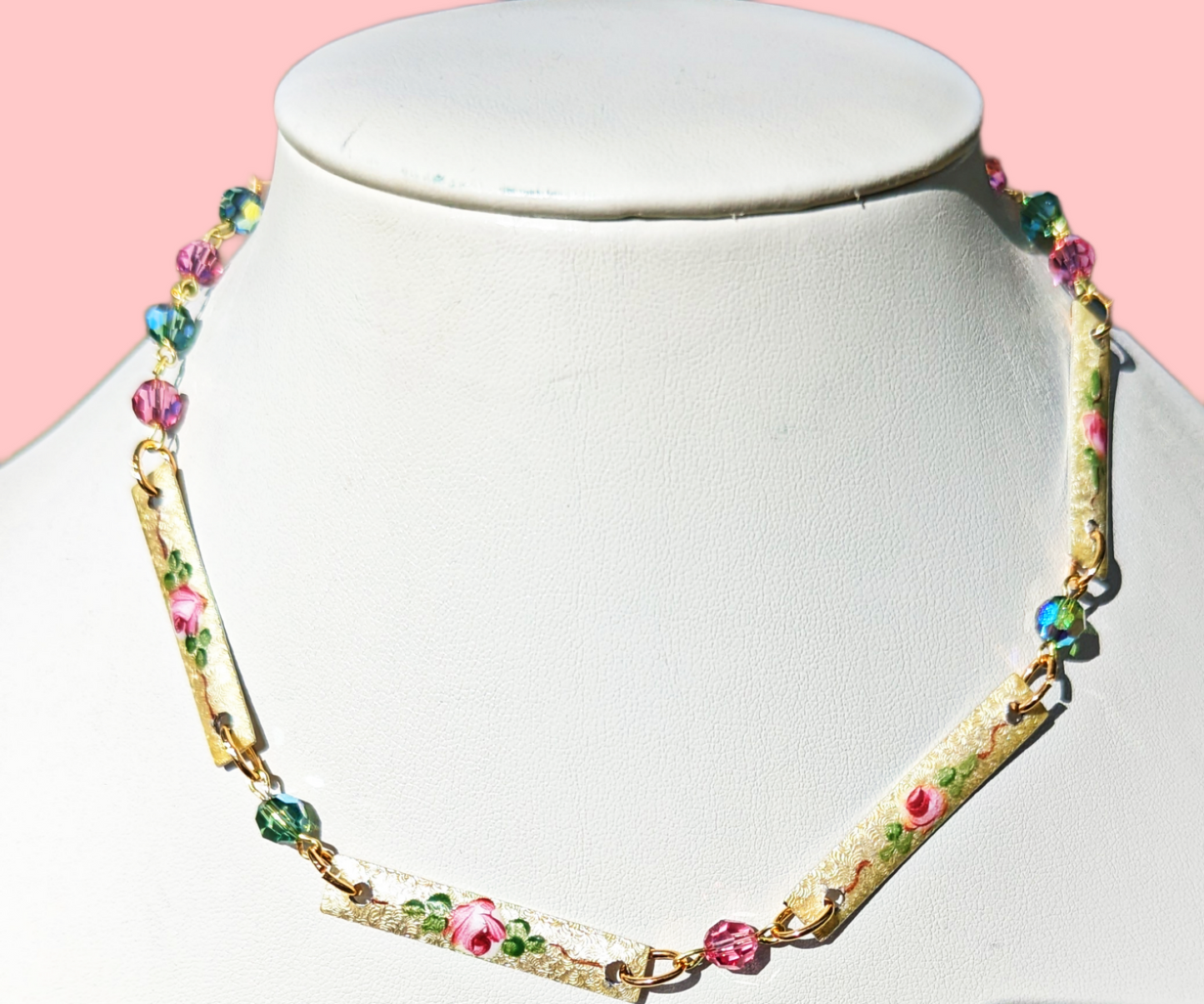 Sugar Baby Vintage Guilloche Enamel Roses + Swarovski Green Pink Beads Handlinked 16 inch Necklace Gay Isber-Gay Isber Designs