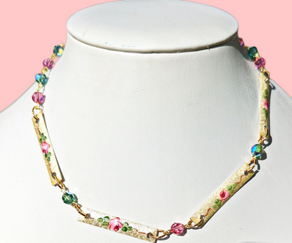 Sugar Baby Vintage Guilloche Enamel Roses + Swarovski Green Pink Beads Handlinked 16 inch Necklace Gay Isber-Gay Isber Designs