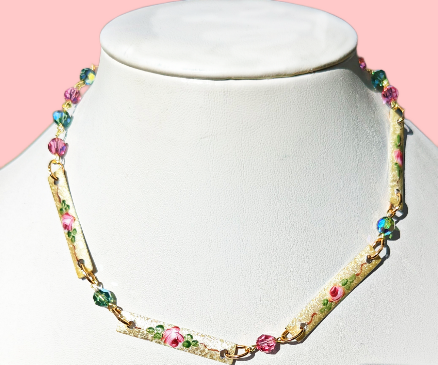 Sugar Baby Vintage Guilloche Enamel Roses + Swarovski Green Pink Beads Handlinked 16 inch Necklace Gay Isber-Gay Isber Designs