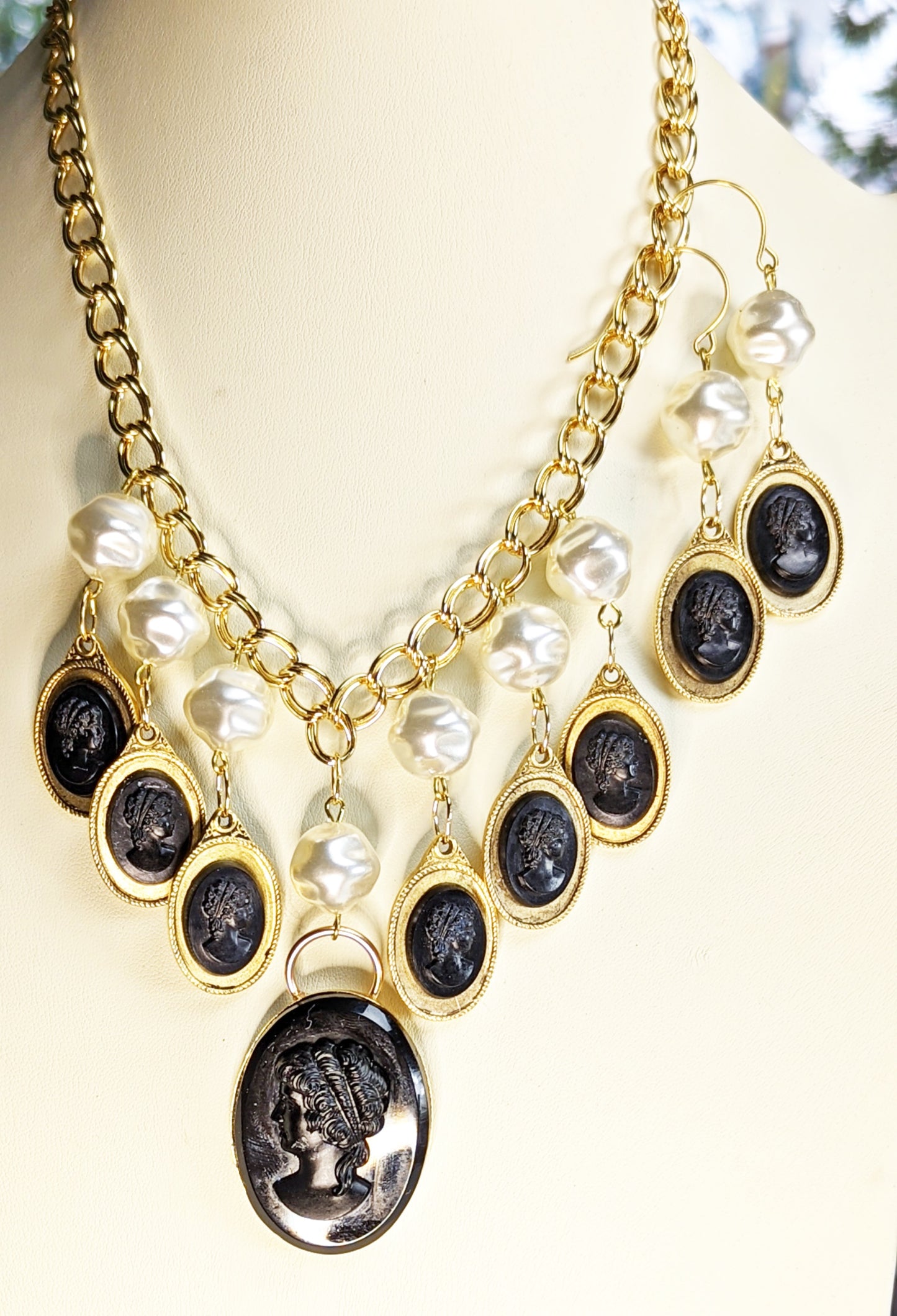 Black Gold Pearl Vintage Cameo Necklace with Free Matching EARRING Gay Isber Sister Collection-Gay Isber Designs