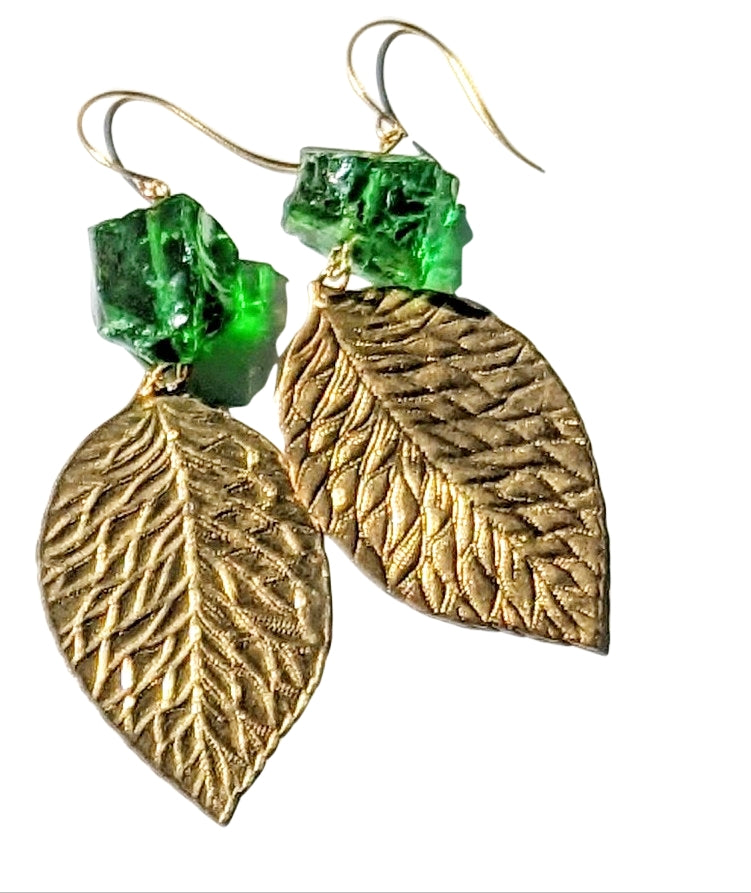 Green Nugget Beads Brass Leaves Gay Isber Sugar Pops Collection Earrings-Gay Isber Designs