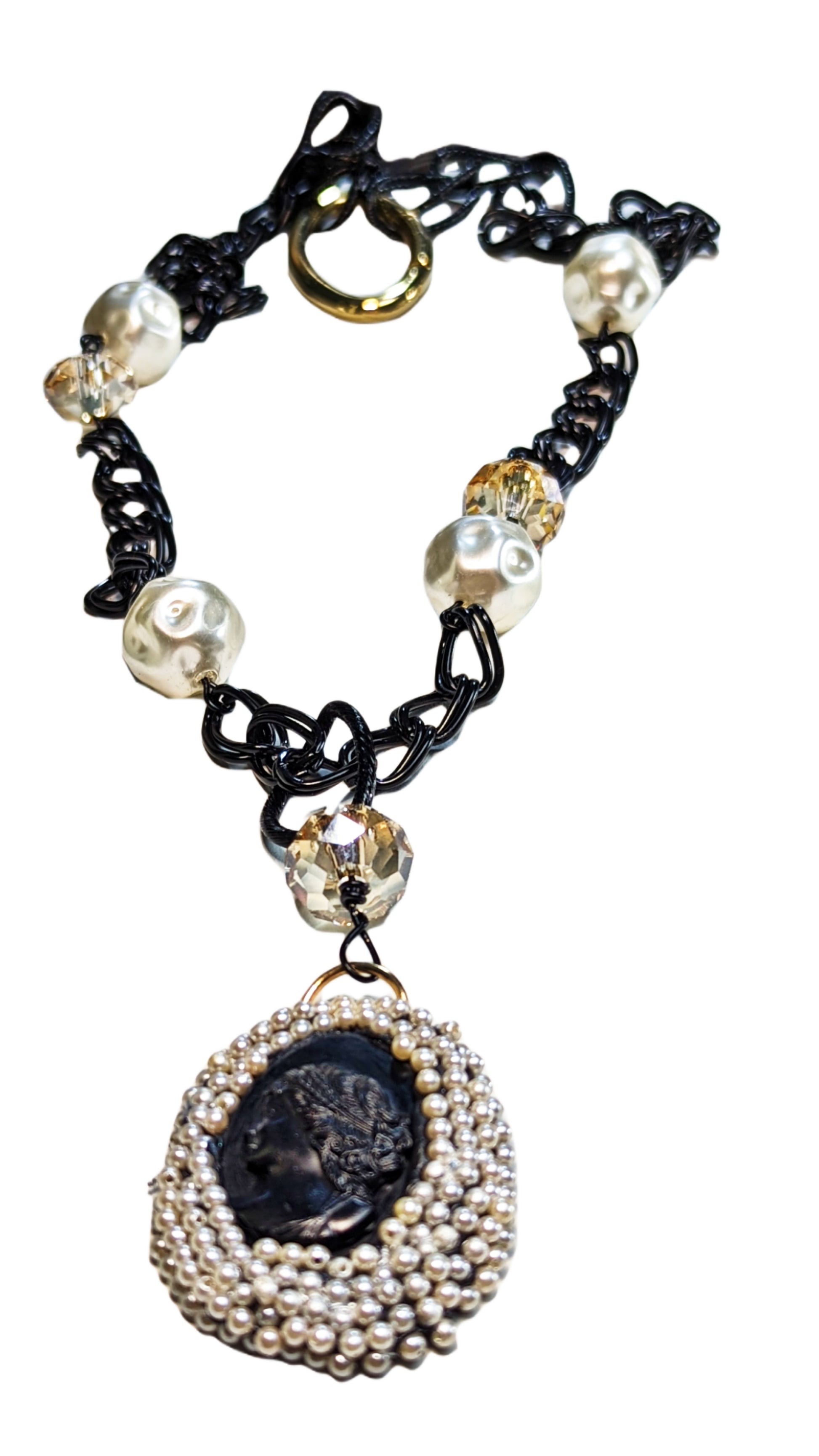 Black Gold Pearl Swarovski and Vintage Cameo Long Statement Necklace Gay Isber Sister Collection-Gay Isber Designs