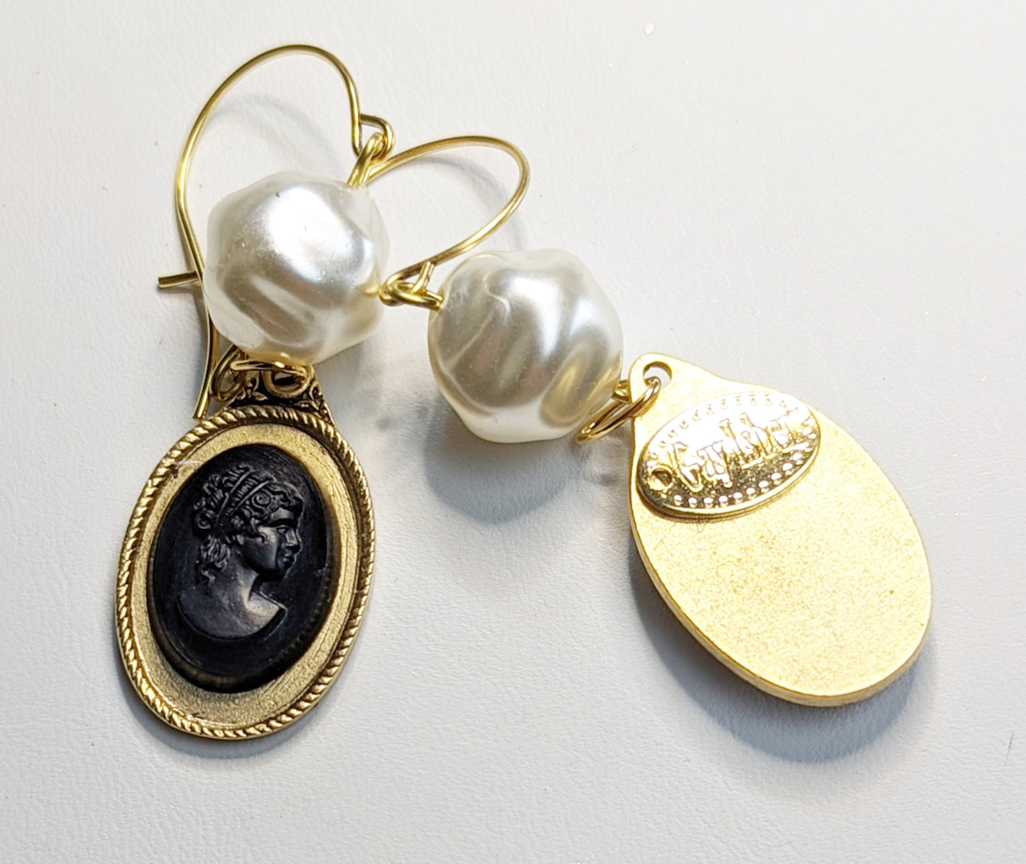 Black Gold Pearl Vintage Cameo Necklace with Free Matching EARRING Gay Isber Sister Collection-Gay Isber Designs