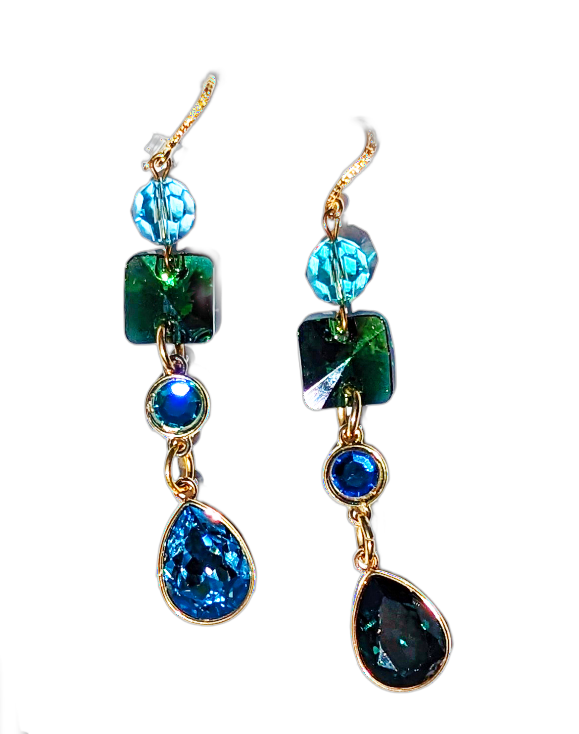 Swarovski Earrings Sparkle in multi colors Emerald, Light Turquoise, Fern Green, Capri Blue + Gold plated settings Gay Isber one of one-Gay Isber Designs