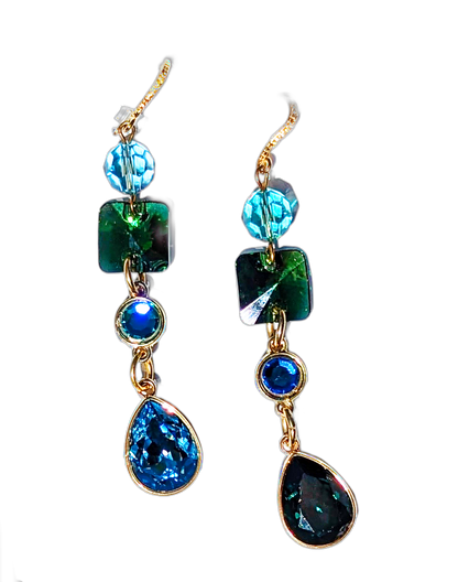 Swarovski Earrings Sparkle in multi colors Emerald, Light Turquoise, Fern Green, Capri Blue + Gold plated settings Gay Isber one of one-Gay Isber Designs