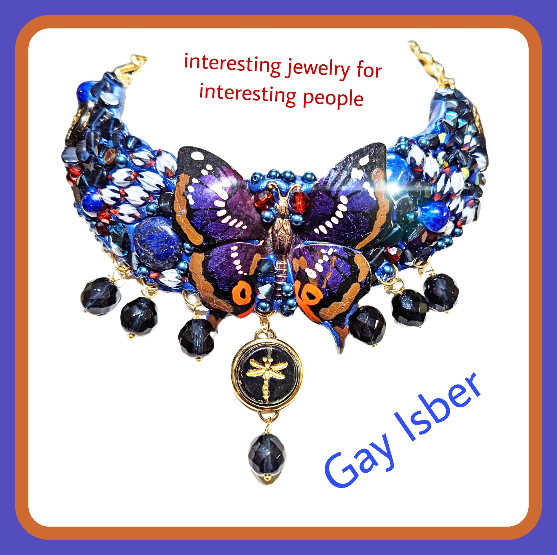 Montana Blue Butterfly Dragonfly Statement Art Collar Necklace Gay Isber USA 1 of 1-Gay Isber Designs