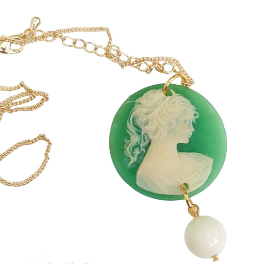 Green Ponytail Cameo Necklace Vintage Gay Isber gift bag new old stock-Gay Isber Designs