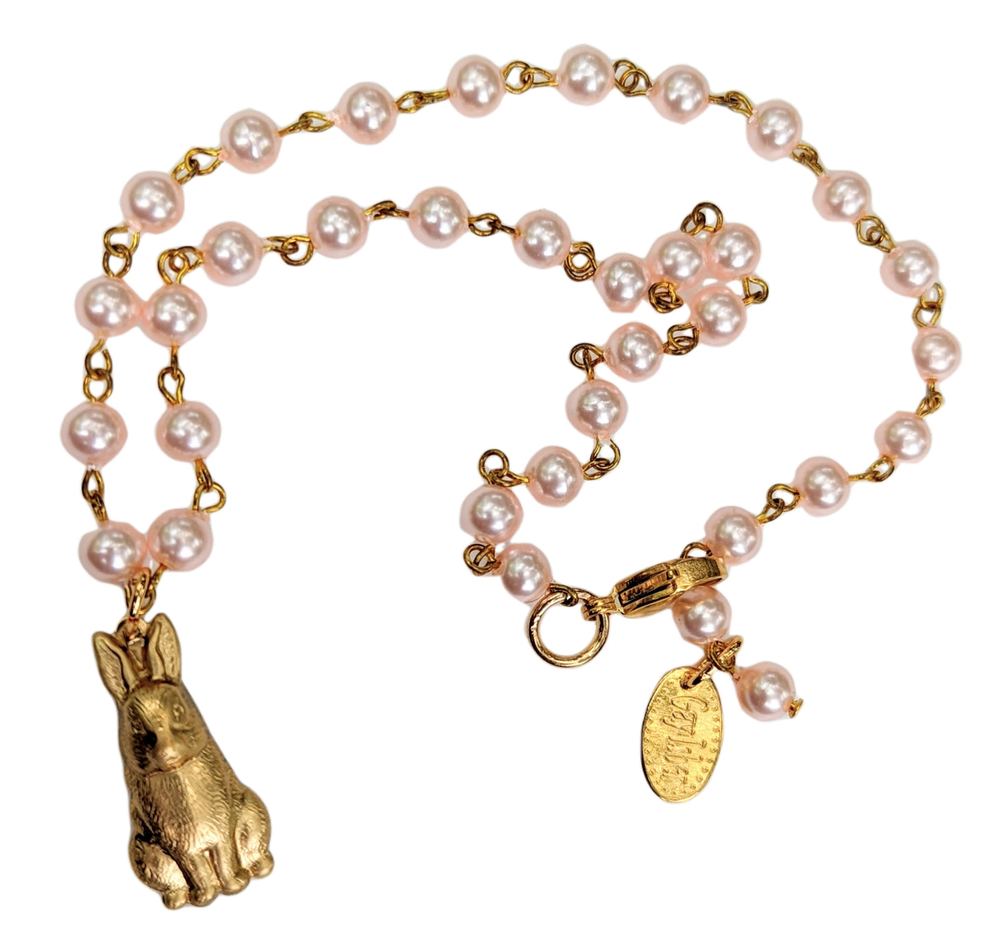 Rabbit Necklace Brass Pressing with Handlinked Pink Vintage Pearls Gay Isber USA Gift Bag-Gay Isber Designs