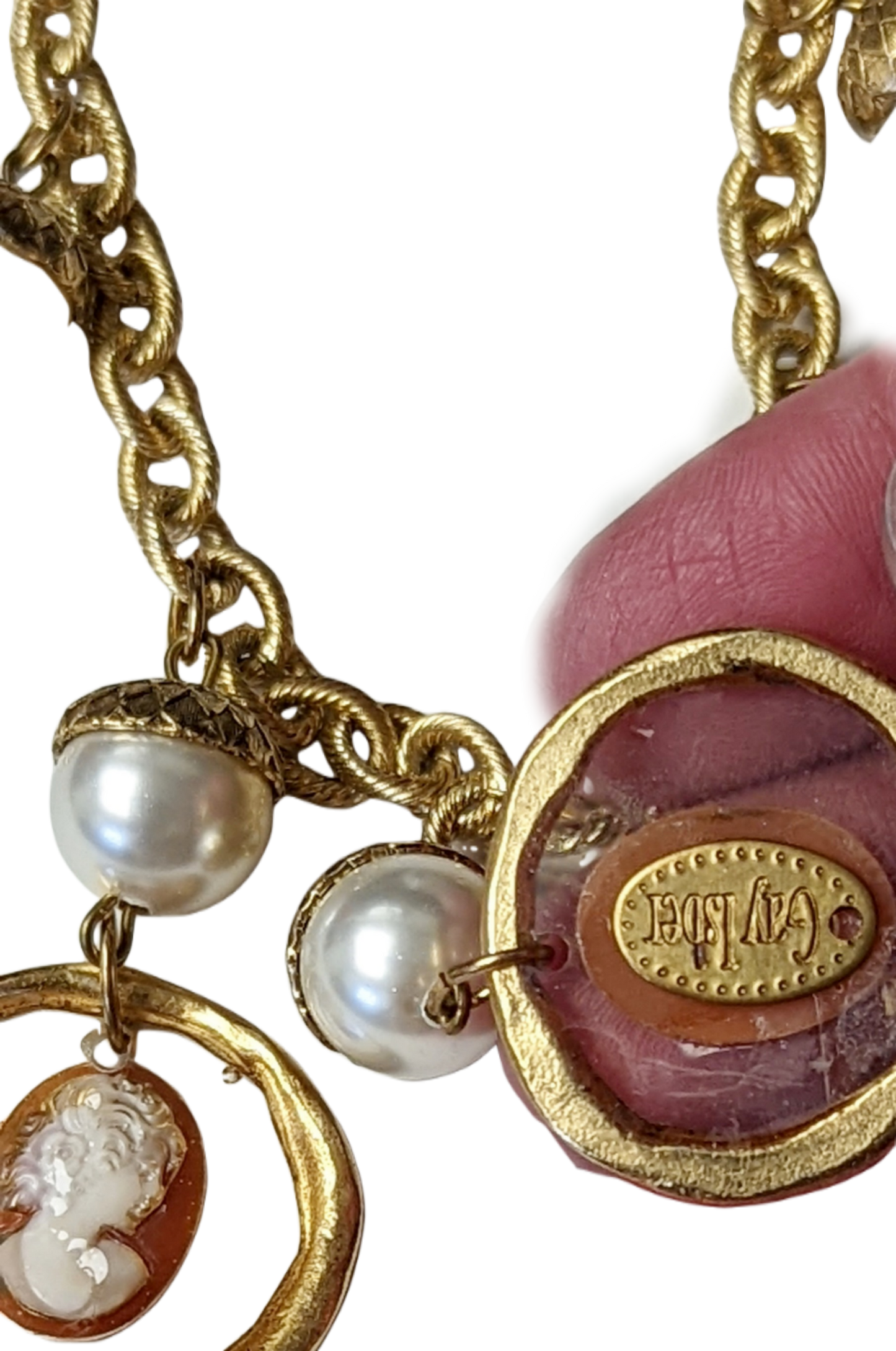 Shell Hand Carved Vintage Cameos set in Clear Resin Necklace Pearls Gay Isber Sister Collection-Gay Isber Designs