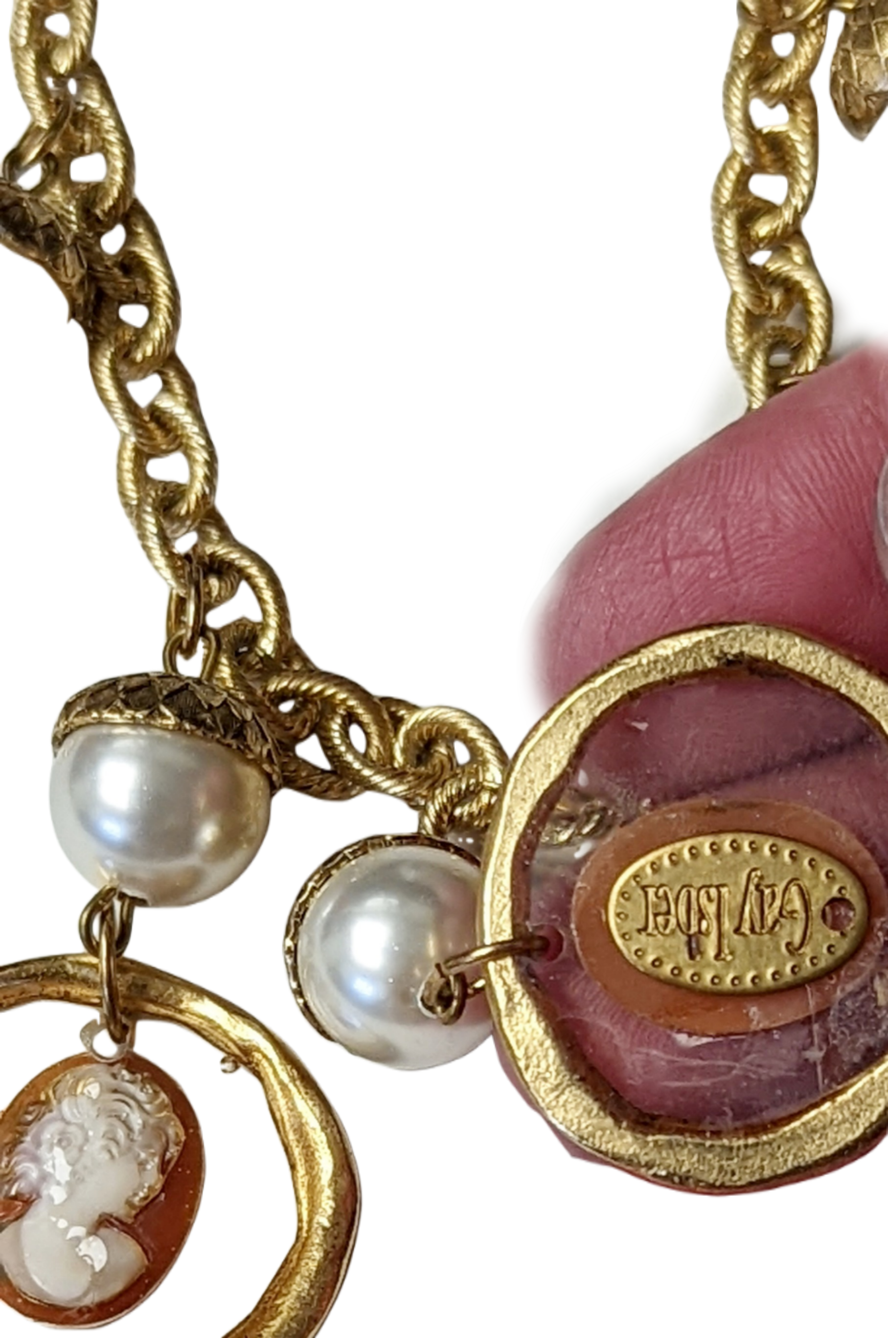 Shell Hand Carved Vintage Cameos set in Clear Resin Necklace Pearls Gay Isber Sister Collection-Gay Isber Designs