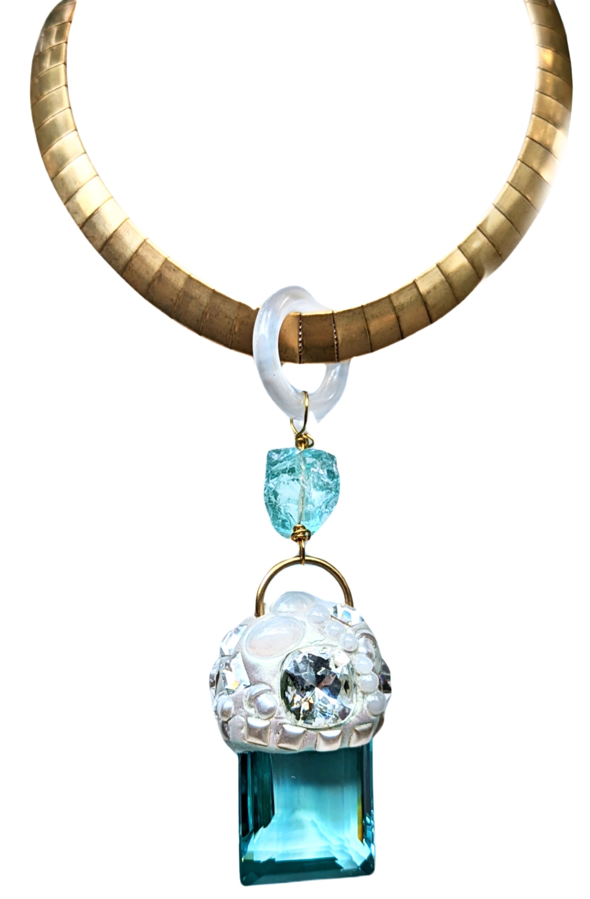 Jumbo Aqua Quartz emerald cut Pendant Collar Necklace Gay Isber One of one-Gay Isber Designs