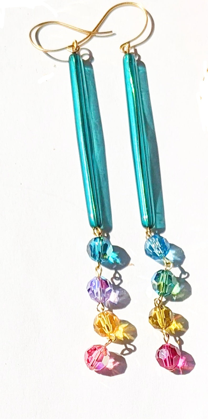 Extra long Teal Confetti Earrings Swarovski Crystals Vintage Acrylic Gay Isber Sugar Pops-Gay Isber Designs