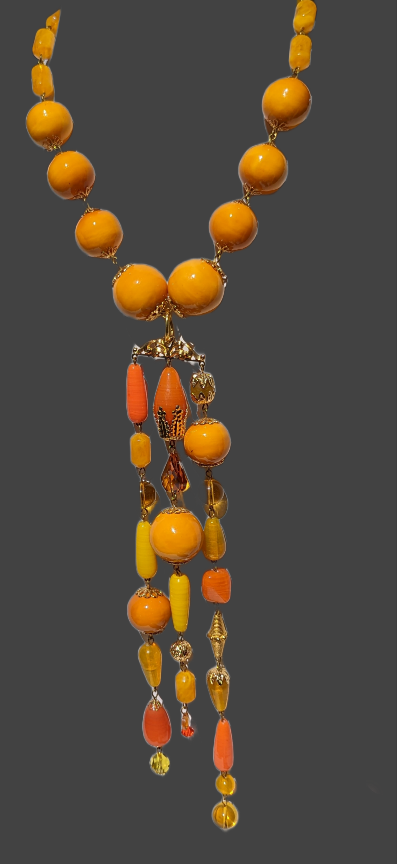 Mustard Cotton Pearls Long Tassle Necklace Gay Isber one of a kind USA-Gay Isber Designs