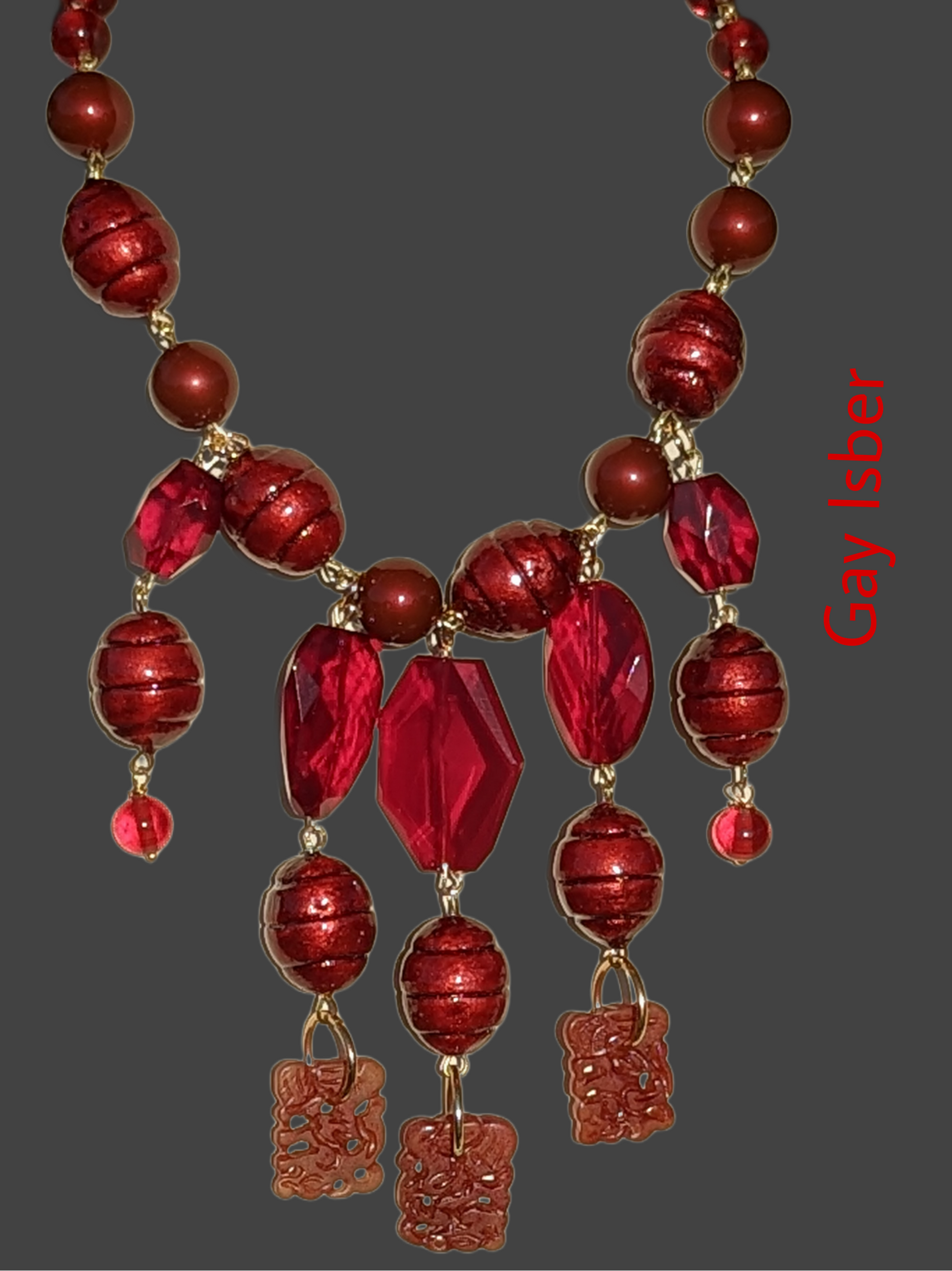 Deep Red Garnet Glass + Vintage Cotton Pearl Art Necklace Gay Isber USA 1 of 1-Gay Isber Designs