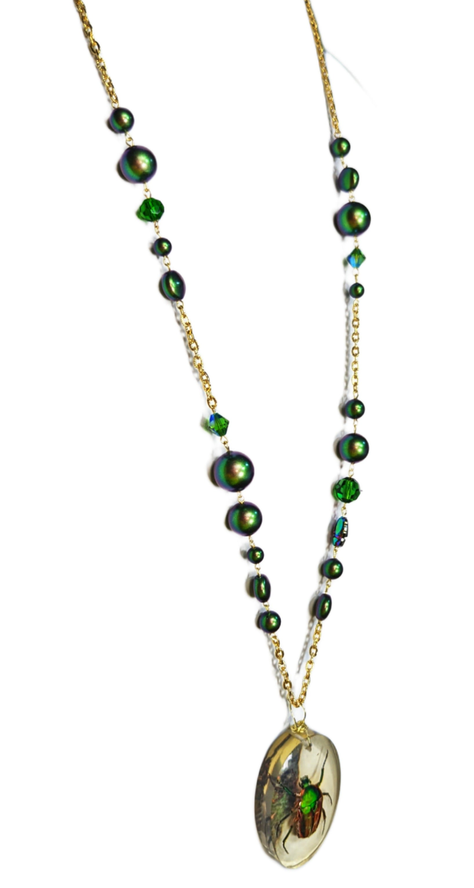 Lucky Scarab Long Swarovski Pearl and Crystal Necklace Scarab in Resin Bug Gay Isber one of a kind USA Made-Gay Isber Designs