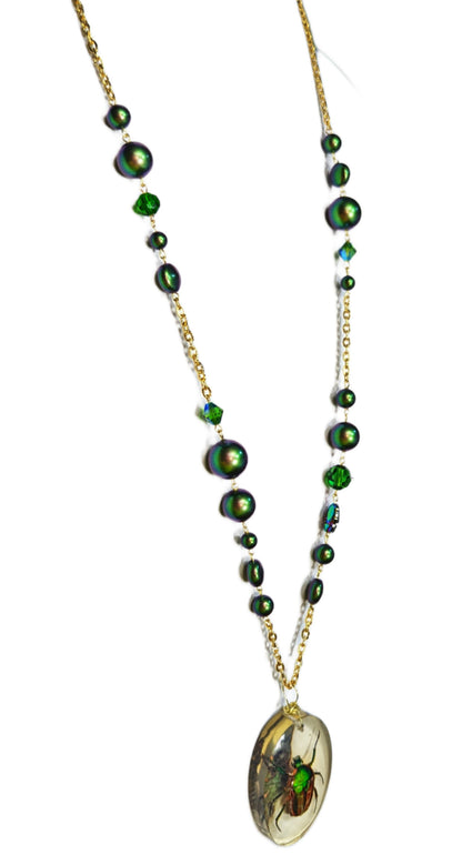 Lucky Scarab Long Swarovski Pearl and Crystal Necklace Scarab in Resin Bug Gay Isber one of a kind USA Made-Gay Isber Designs