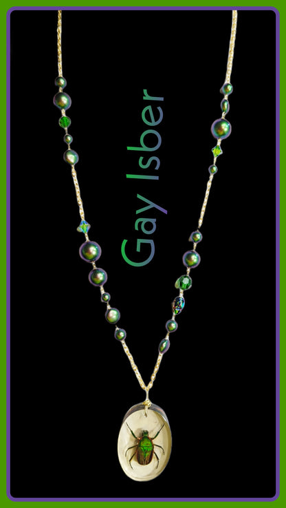 Lucky Scarab Long Swarovski Pearl and Crystal Necklace Scarab in Resin Bug Gay Isber one of a kind USA Made-Gay Isber Designs